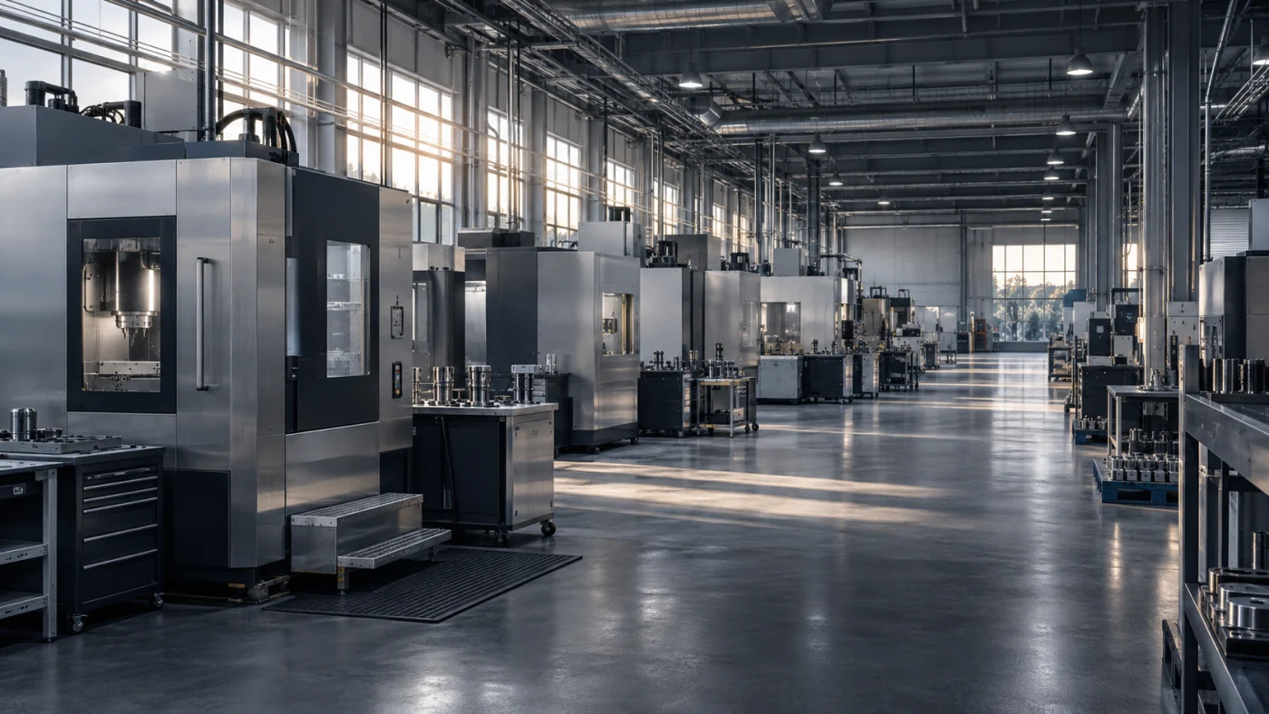 Illustrative precision manufacturing floor with machinery arranged along a central aisle