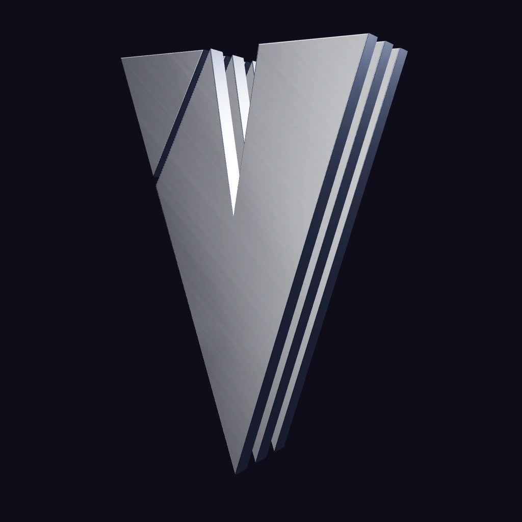 Three parallel brushed silver layers of the Voxtern V emblem